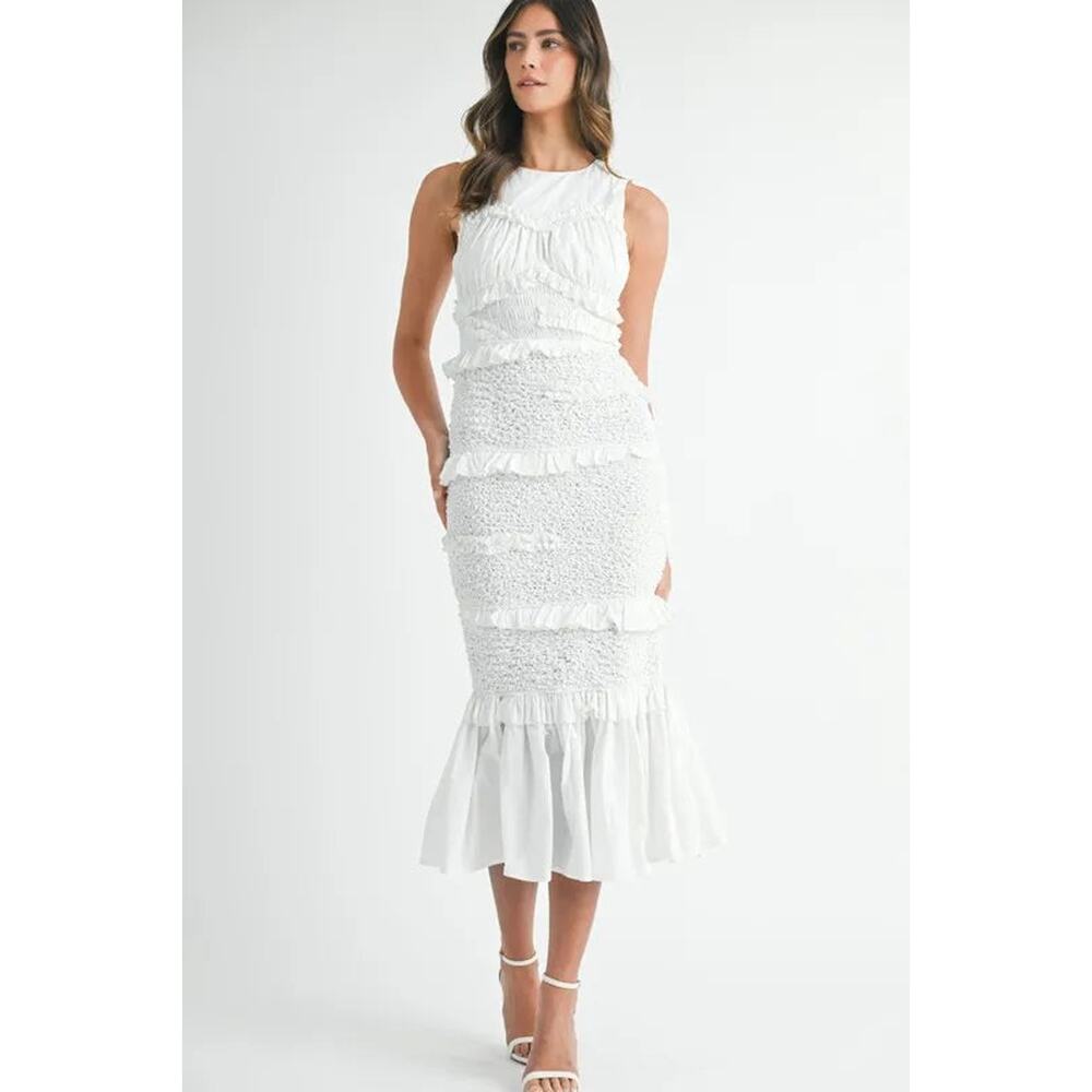 MABLE Ruffled Popcorn Smocked Mermaid Midi Dress - Picture 2 of 10